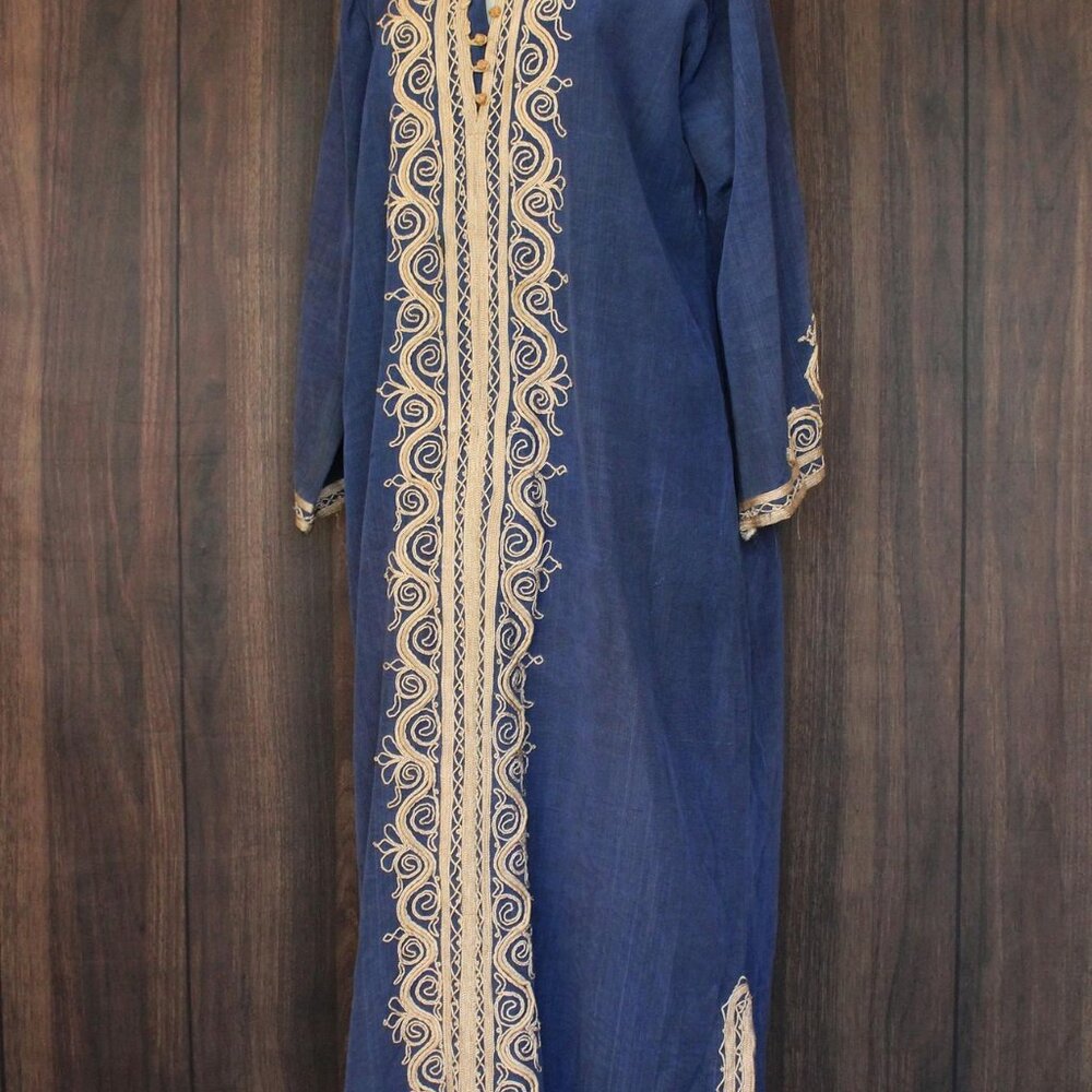 Vintage Moroccan Caftan, Blue and Gold Tunic or Dress,Traditional Middle Eastern - Picture 6 of 10